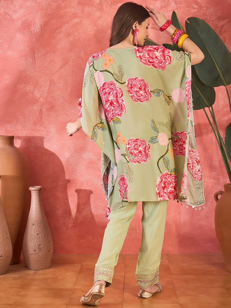 Green Floral Printed Kaftan Kurta Set with Mirror Work