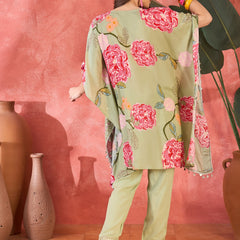 Green Floral Printed Kaftan Kurta Set with Mirror Work