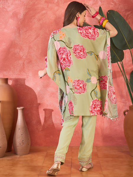 Green Floral Printed Kaftan Kurta Set with Mirror Work