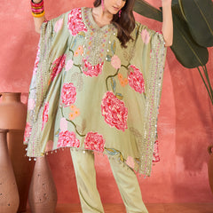 Green Floral Printed Kaftan Kurta Set with Mirror Work