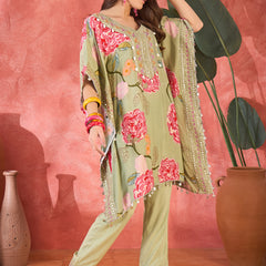 Green Floral Printed Kaftan Kurta Set with Mirror Work