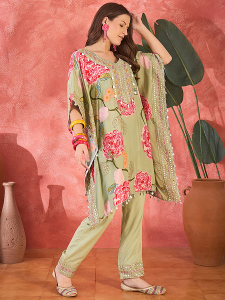 Green Floral Printed Kaftan Kurta Set with Mirror Work