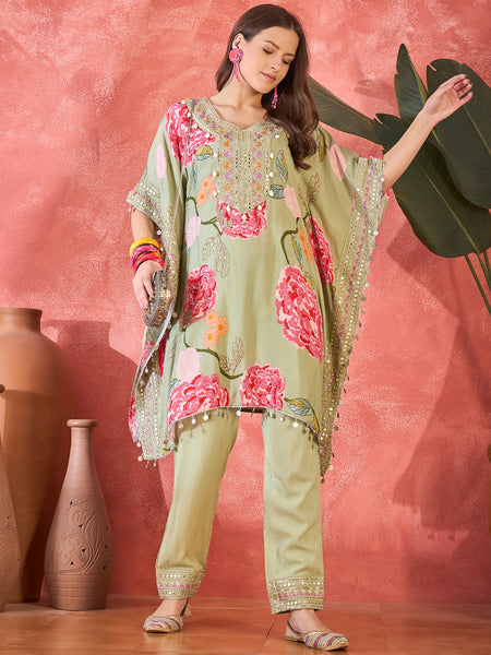 Green Floral Printed Kaftan Kurta Set with Mirror Work