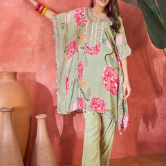 Green Floral Printed Kaftan Kurta Set with Mirror Work