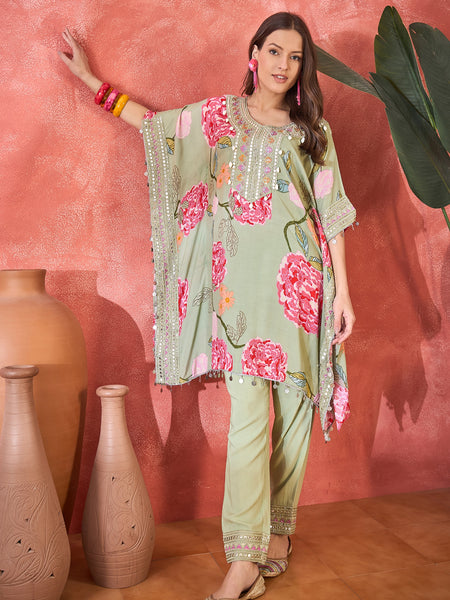 Green Floral Printed Kaftan Kurta Set with Mirror Work