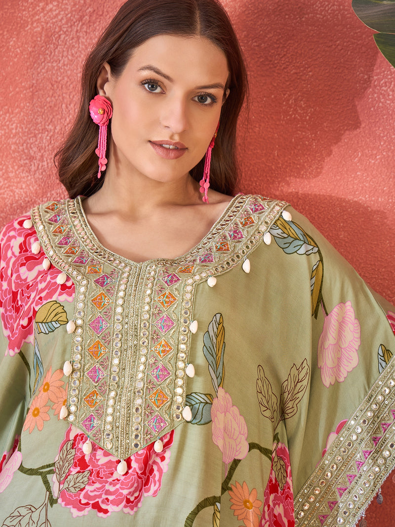 Green Floral Printed Kaftan Kurta Set with Mirror Work