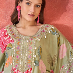 Green Floral Printed Kaftan Kurta Set with Mirror Work
