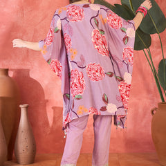Lavender Floral Printed Kaftan Kurta Set with Mirror Work