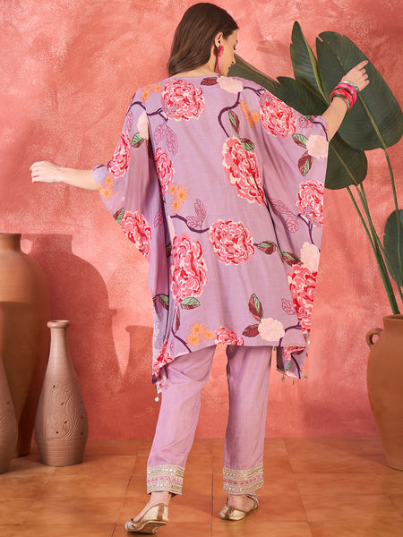Lavender Floral Printed Kaftan Kurta Set with Mirror Work