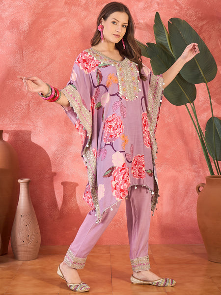 Lavender Floral Printed Kaftan Kurta Set with Mirror Work