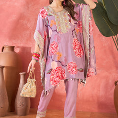 Lavender Floral Printed Kaftan Kurta Set with Mirror Work