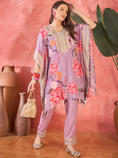 Lavender Floral Printed Kaftan Kurta Set with Mirror Work