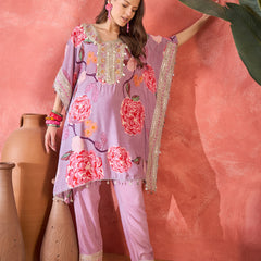 Lavender Floral Printed Kaftan Kurta Set with Mirror Work