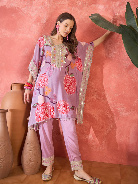 Lavender Floral Printed Kaftan Kurta Set with Mirror Work