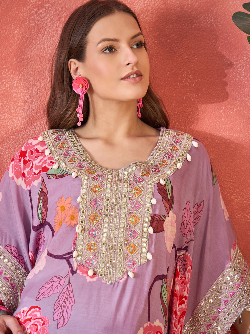 Lavender Floral Printed Kaftan Kurta Set with Mirror Work