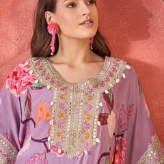 Lavender Floral Printed Kaftan Kurta Set with Mirror Work