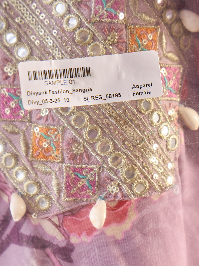 Lavender Floral Printed Kaftan Kurta Set with Mirror Work