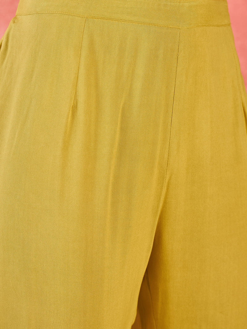Mustard Floral Printed Kaftan Kurta Set with Mirror Work