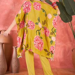 Mustard Floral Printed Kaftan Kurta Set with Mirror Work