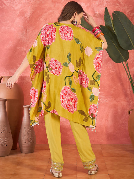 Mustard Floral Printed Kaftan Kurta Set with Mirror Work