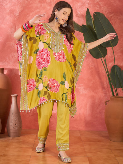 Mustard Floral Printed Kaftan Kurta Set with Mirror Work