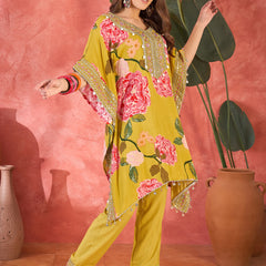 Mustard Floral Printed Kaftan Kurta Set with Mirror Work