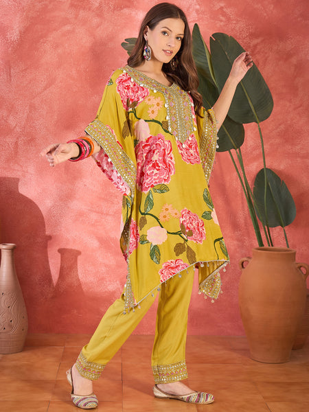 Mustard Floral Printed Kaftan Kurta Set with Mirror Work