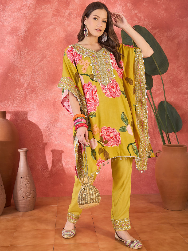 Mustard Floral Printed Kaftan Kurta Set with Mirror Work