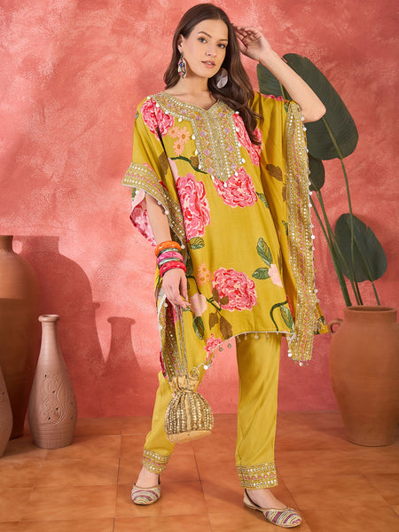 Mustard Floral Printed Kaftan Kurta Set with Mirror Work