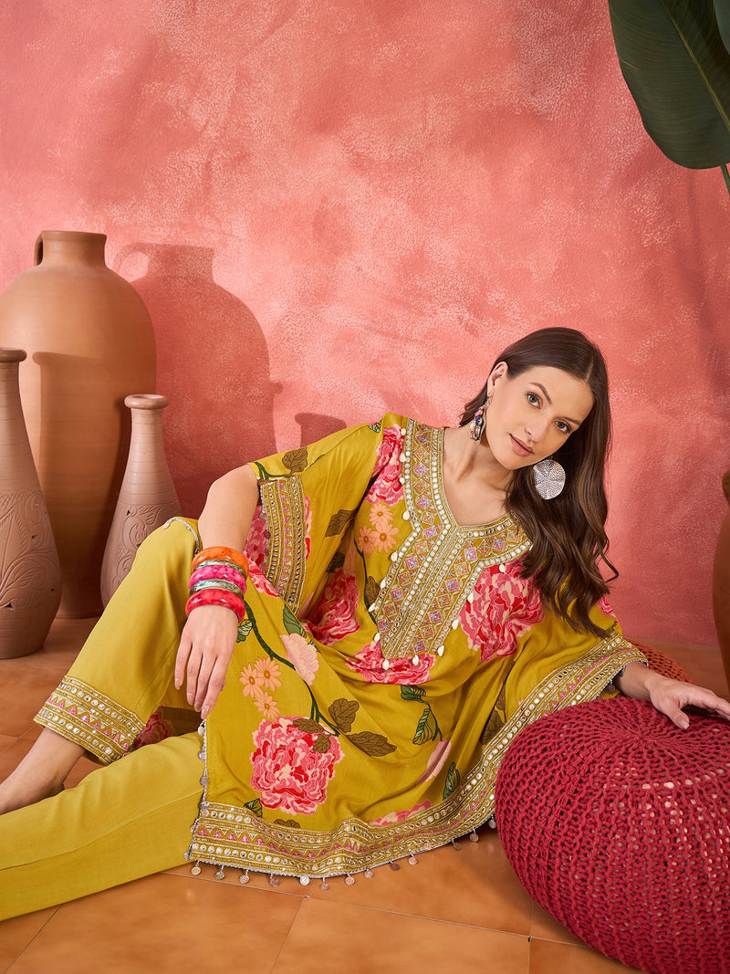 Mustard Floral Printed Kaftan Kurta Set with Mirror Work