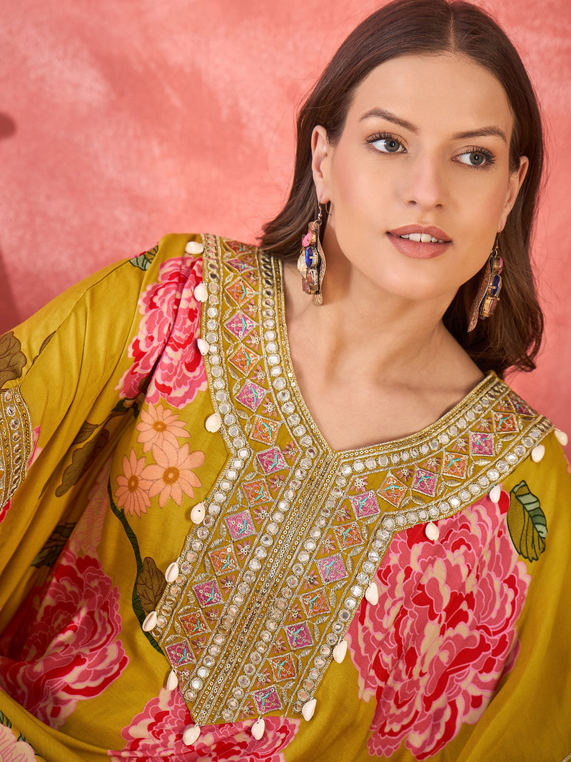 Mustard Floral Printed Kaftan Kurta Set with Mirror Work