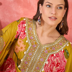 Mustard Floral Printed Kaftan Kurta Set with Mirror Work