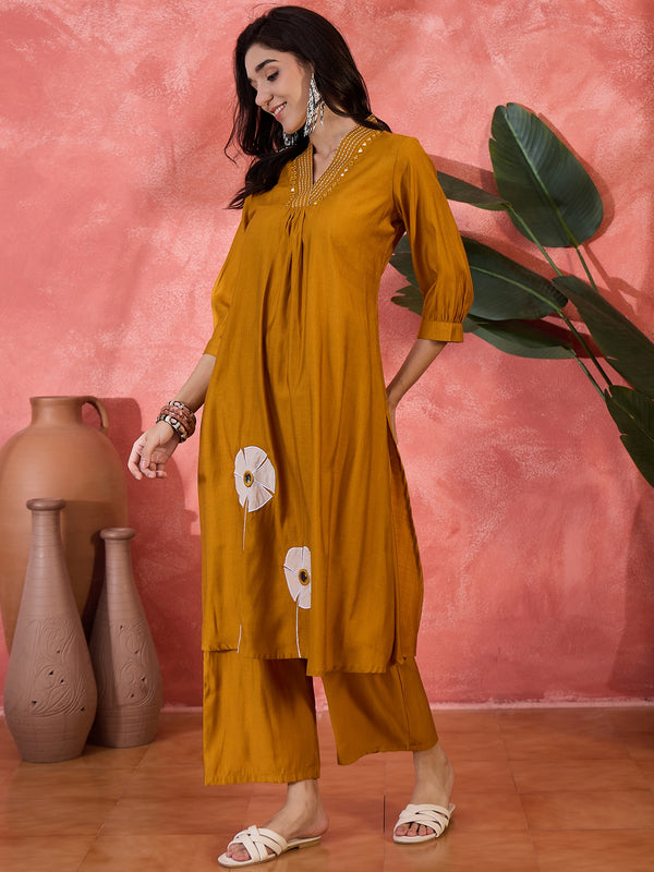 Floral Embroidered Straight Kurta With Palazzo Kurta Set