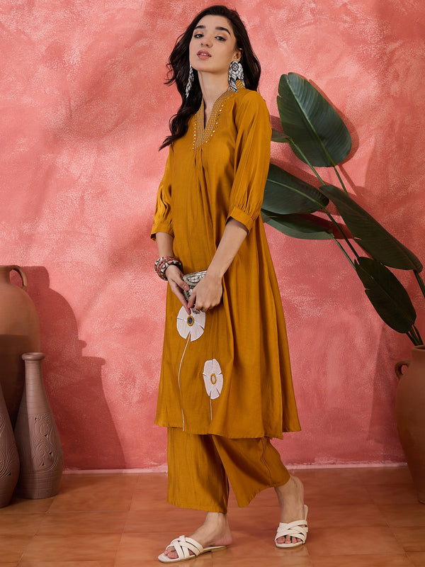 Floral Embroidered Straight Kurta With Palazzo Kurta Set