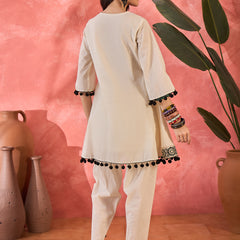 Off-White Embroidered Kurta Set with Pom-Pom Detailing