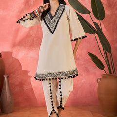Off-White Embroidered Kurta Set with Pom-Pom Detailing