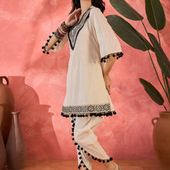Off-White Embroidered Kurta Set with Pom-Pom Detailing