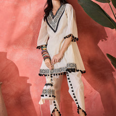 Off-White Embroidered Kurta Set with Pom-Pom Detailing