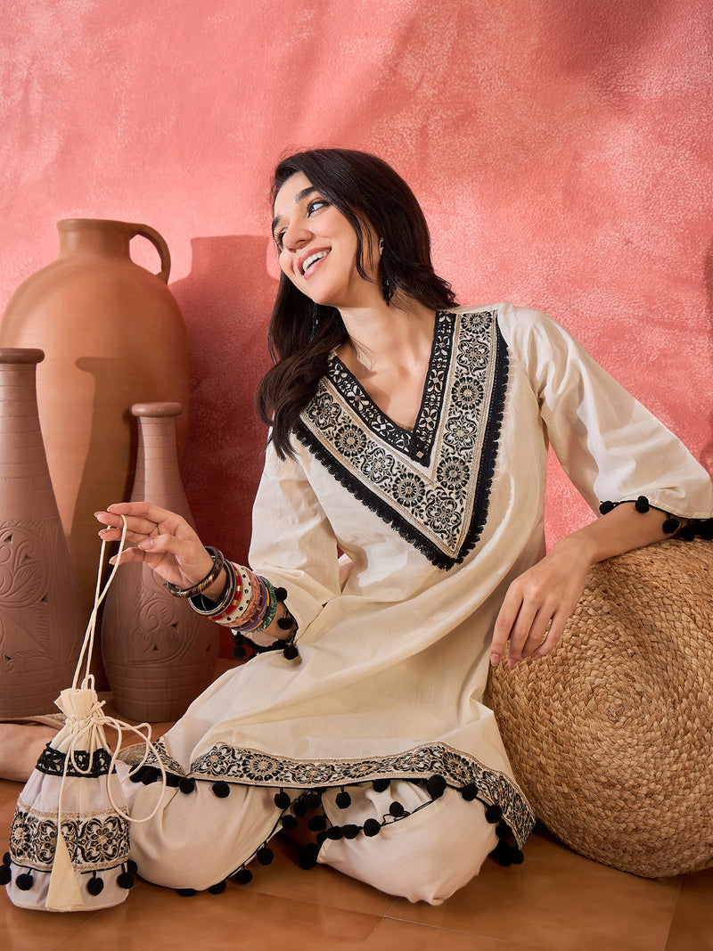 Off-White Embroidered Kurta Set with Pom-Pom Detailing