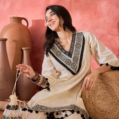Off-White Embroidered Kurta Set with Pom-Pom Detailing