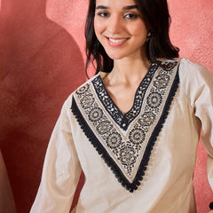 Off-White Embroidered Kurta Set with Pom-Pom Detailing
