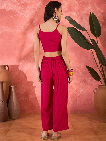 Dark Pink Floral Co-Ord Set with Embroidered Jacket