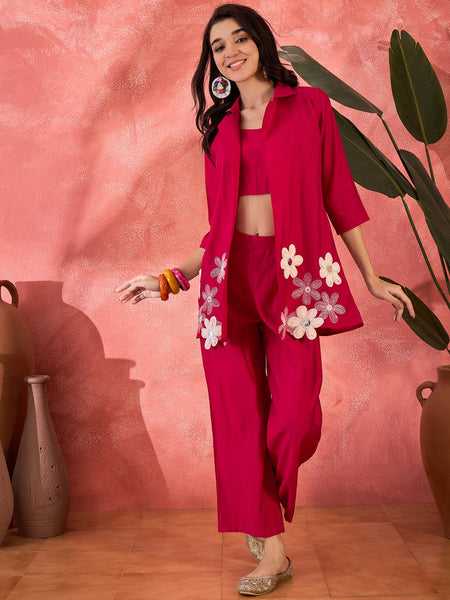 Dark Pink Floral Co-Ord Set with Embroidered Jacket
