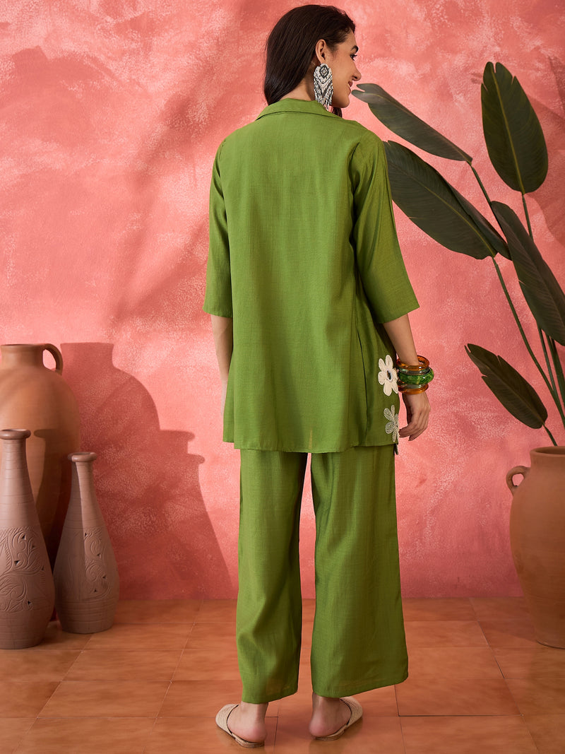 Green Floral Co-Ord Set with Embroidered Jacket