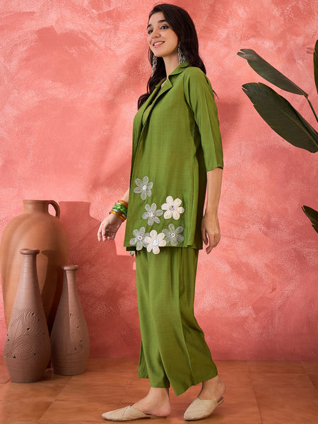 Green Floral Co-Ord Set with Embroidered Jacket