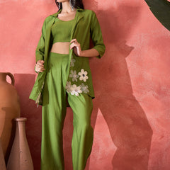Green Floral Co-Ord Set with Embroidered Jacket
