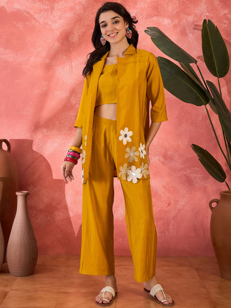 Mustard Floral Co-Ord Set with Embroidered Jacket