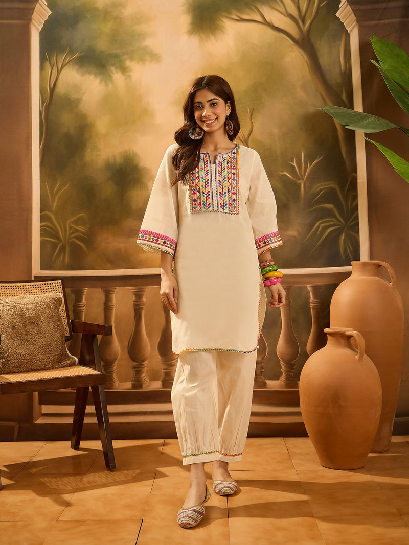 Pure Cotton Floral Embroidered Tunic With Pant