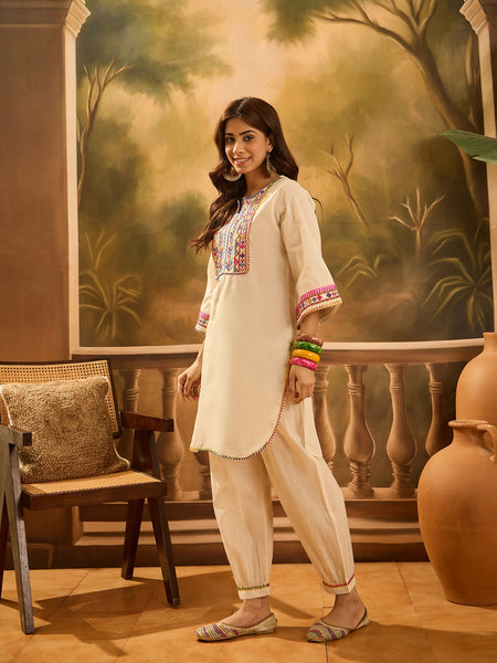 Pure Cotton Floral Embroidered Tunic With Pant