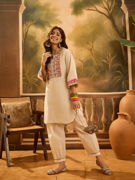 Pure Cotton Floral Embroidered Tunic With Pant